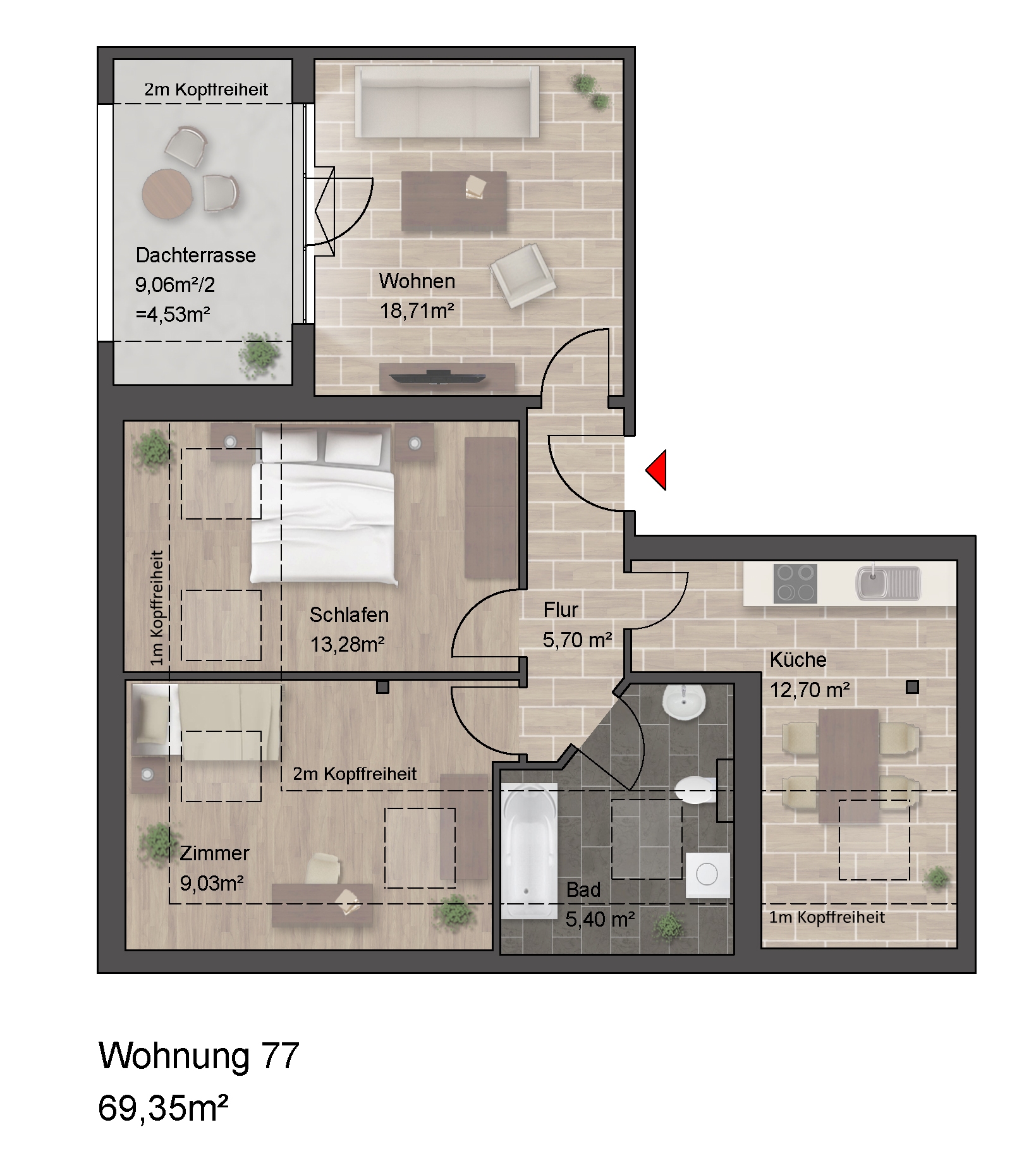 Grundriss einer Wohnung mit drei Zimmern, 69,35m².