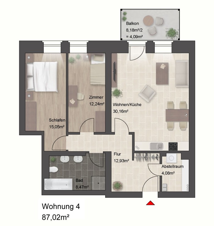 Grundriss einer Wohnung mit Balkon und Zimmern.
