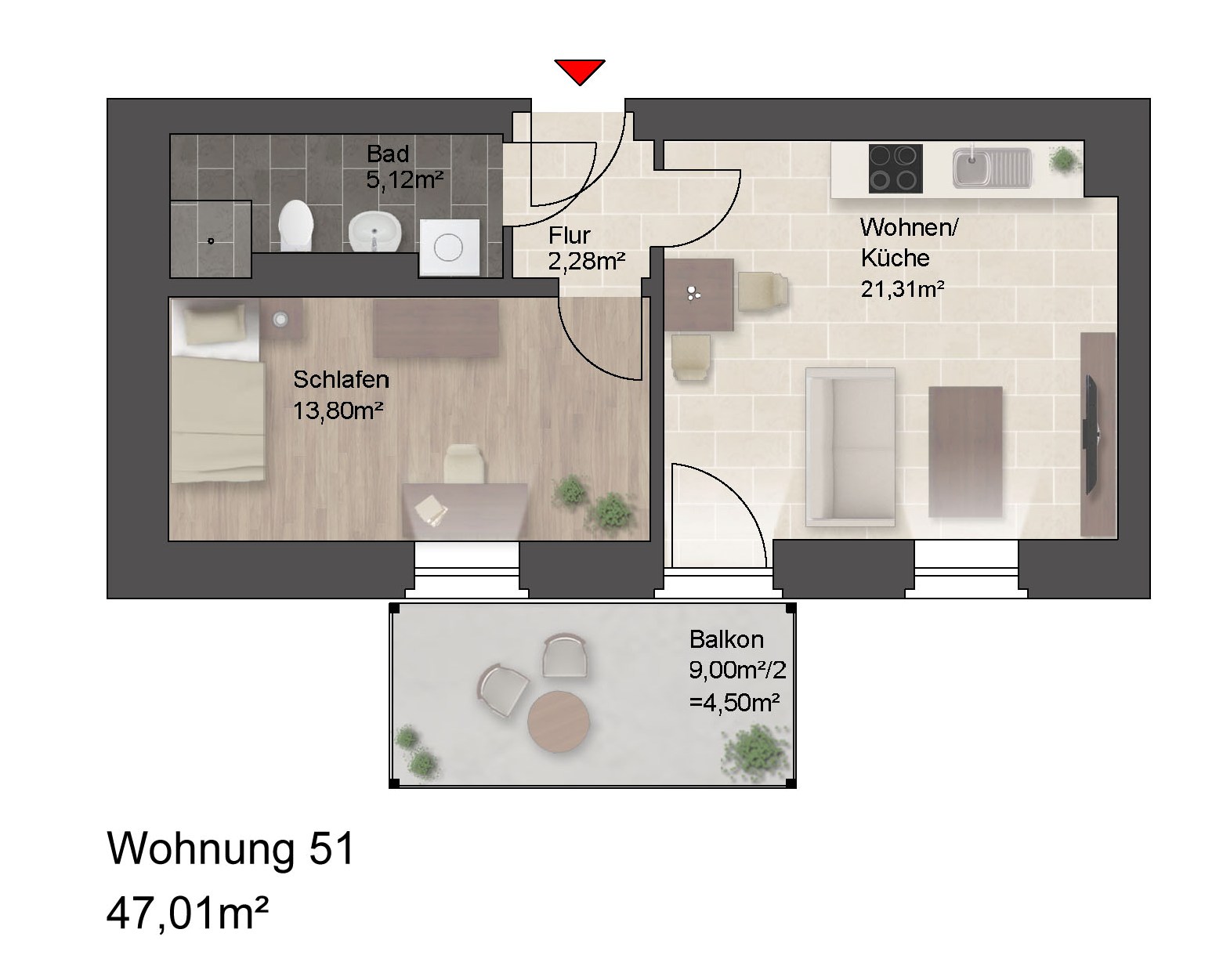 Grundriss einer 47m² Wohnung mit Balkon.