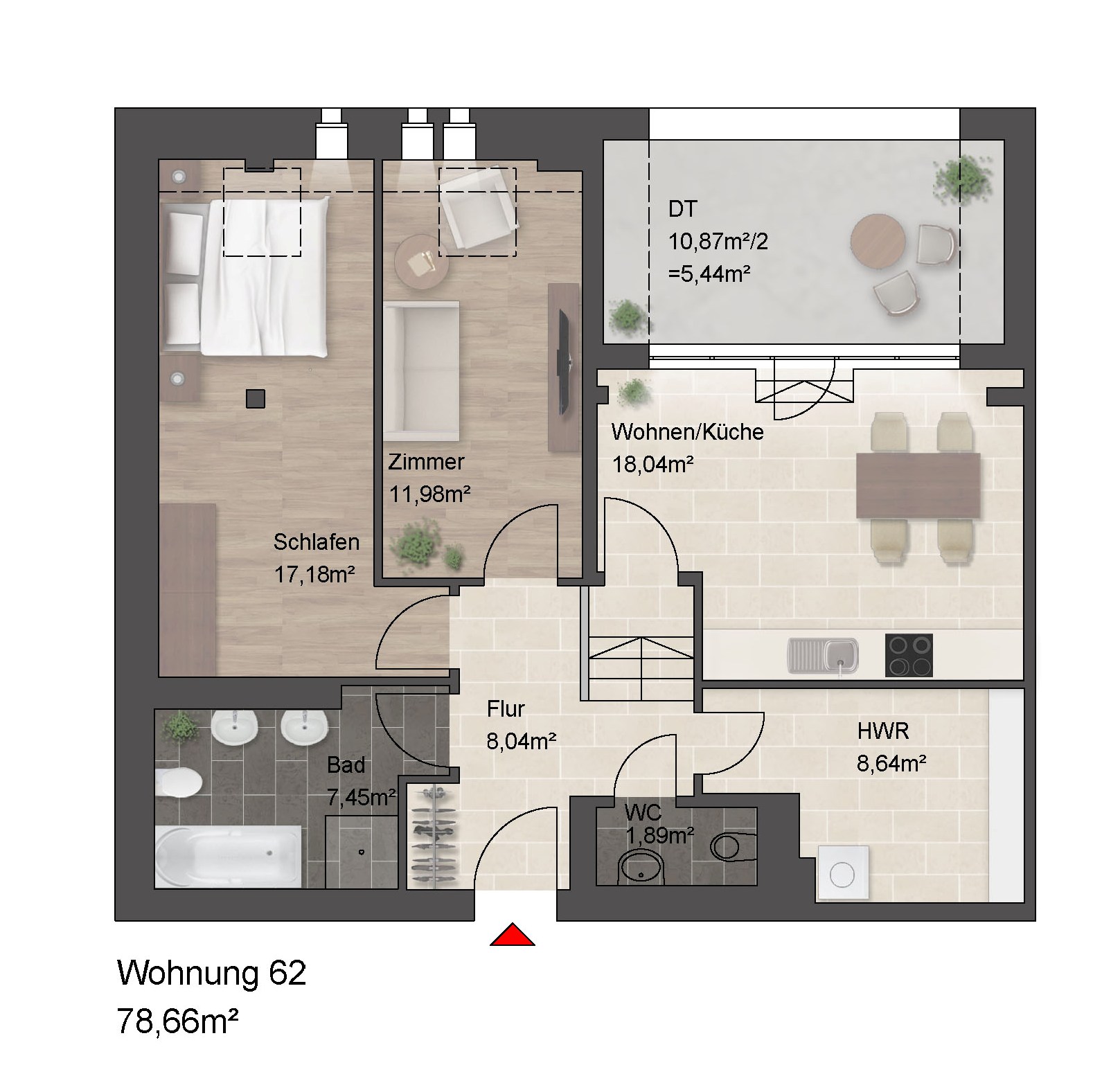 Grundriss einer Wohnung mit drei Zimmern, 78,65m².