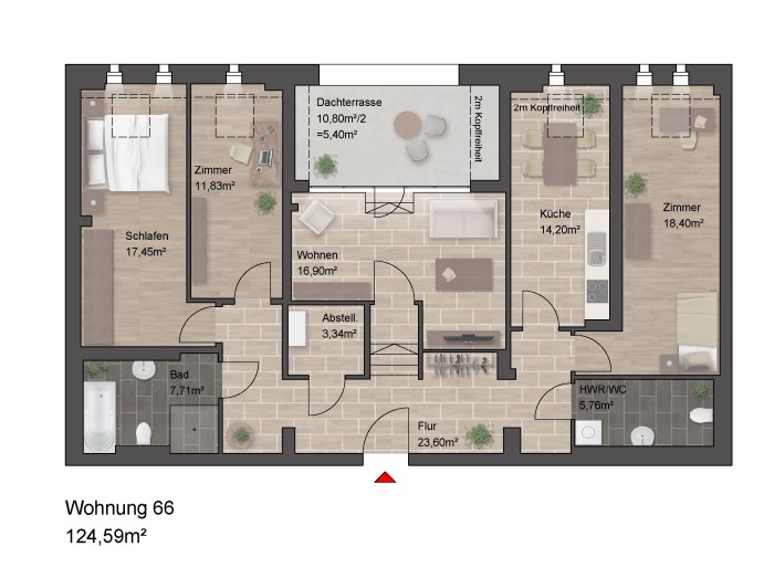 Grundriss einer Wohnung mit drei Zimmern, 124,59m².