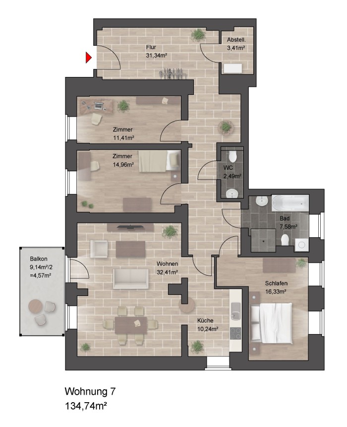 Grundriss einer Wohnung mit drei Zimmern und Balkon.