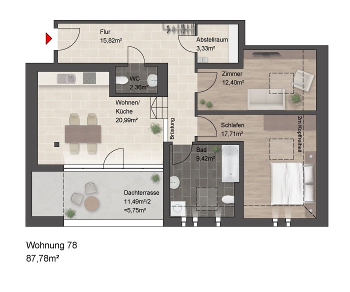 Grundriss einer Wohnung mit zwei Zimmern und Balkon.