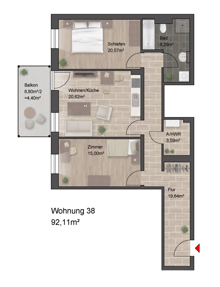 Grundriss einer Wohnung mit drei Zimmern.