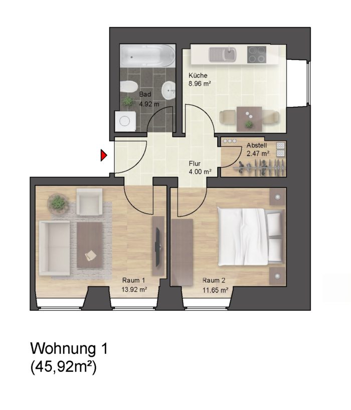 Grundriss einer 45,92 m² Wohnung mit zwei Zimmern.