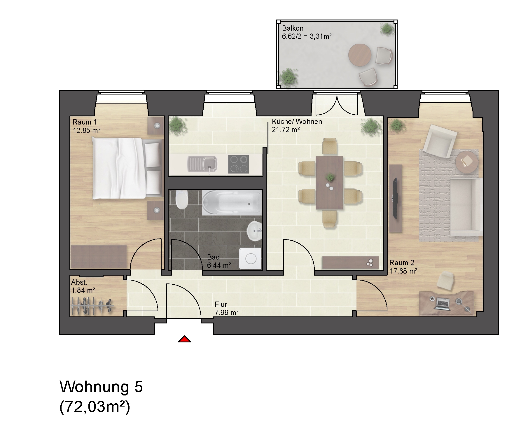 Grundriss einer Wohnung mit drei Zimmern, Balkon.