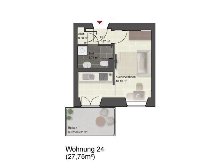 Grundriss einer Einzimmerwohnung mit Balkon, 27,75 Quadratmeter.
