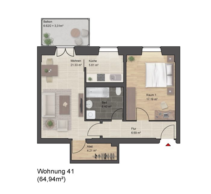 Grundriss einer Zweizimmerwohnung mit Balkon und Bad.