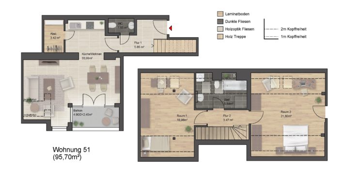 Grundriss einer zweistöckigen Wohnung mit drei Zimmern.
