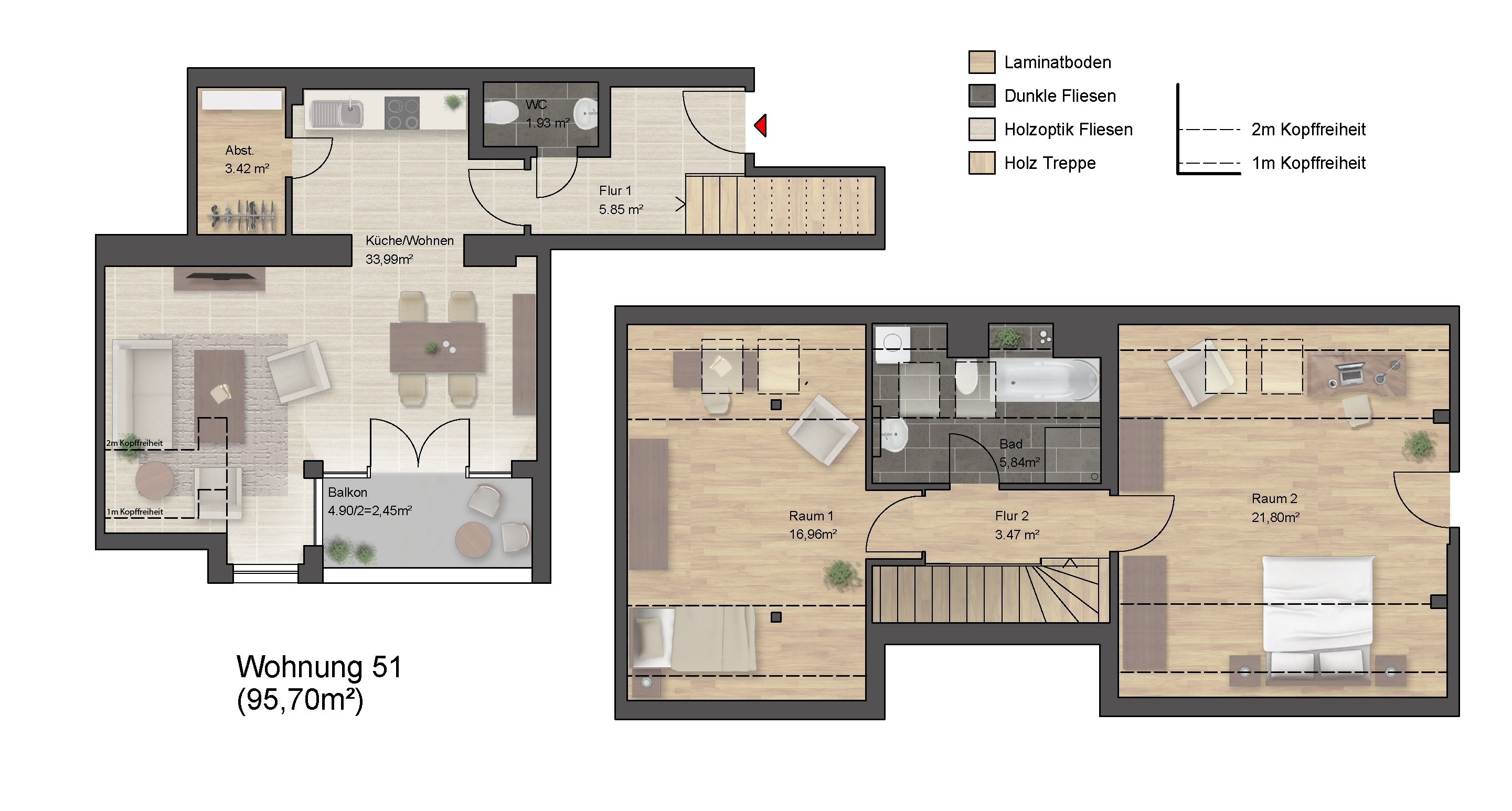 Grundriss einer zweistöckigen Wohnung mit drei Zimmern.