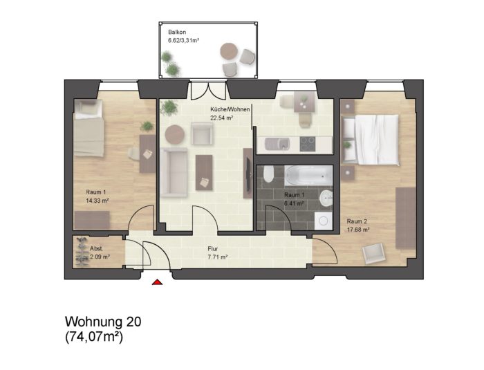 Grundriss einer Wohnung mit zwei Zimmern, Balkon.