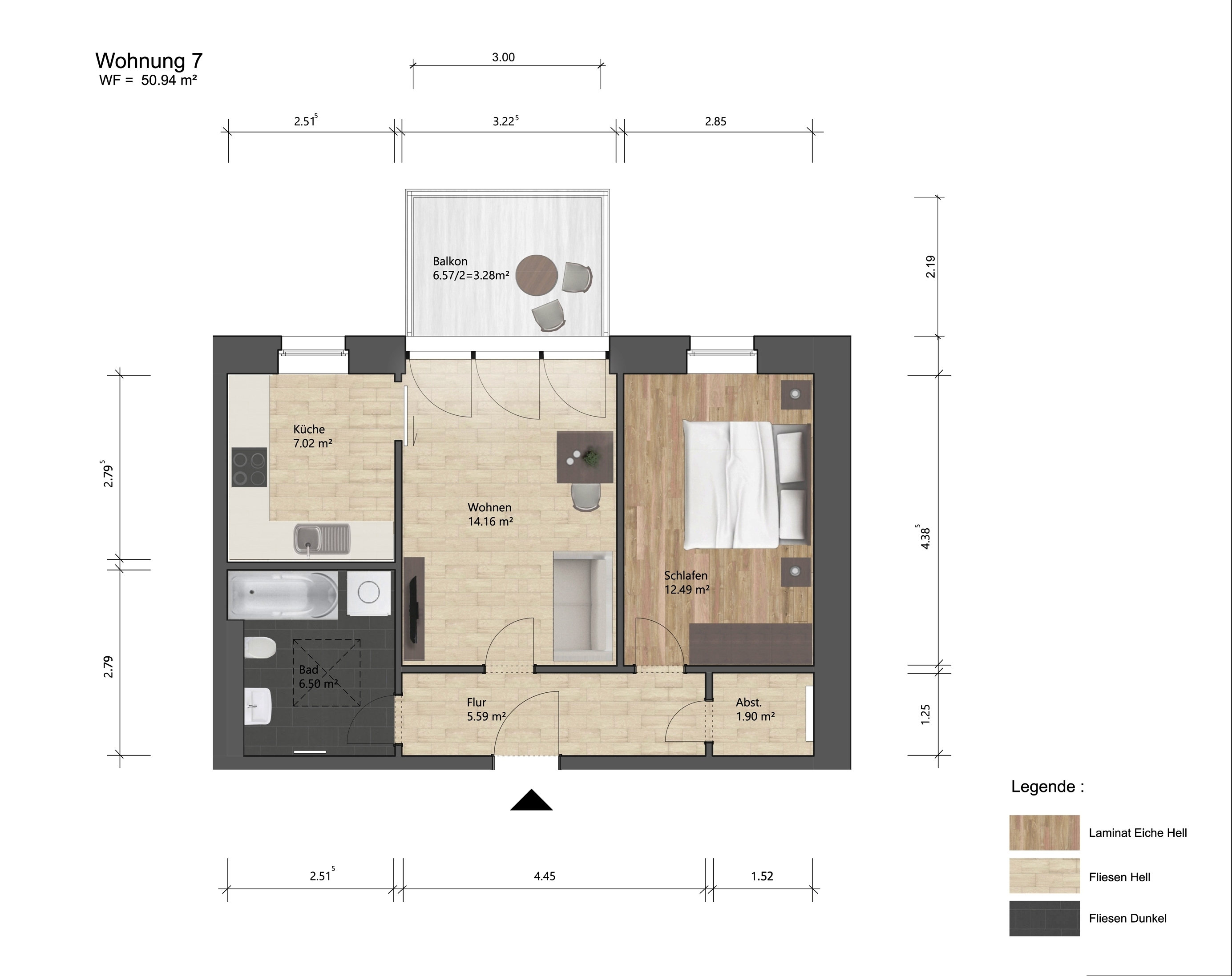 Grundriss einer Zweizimmerwohnung mit Balkon und Badezimmer.