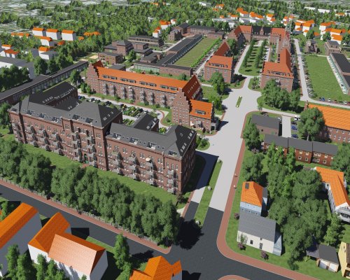 Am Computer generiertes Luftbild des Wohnblocks mit Grünanalgen